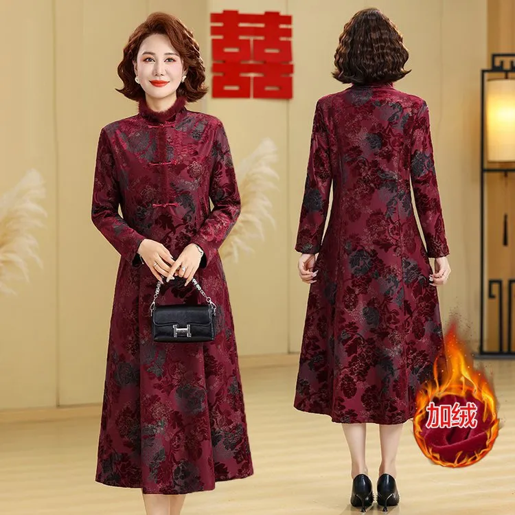 【衣雅严选】8092-2514#加绒加厚云锦丝植绒提花保暖旗袍连衣裙