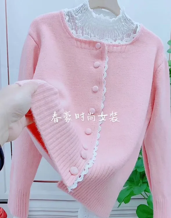 小香风甜美蕾丝花边拼接针织开衫2025春秋新款宽松时尚毛衣外套