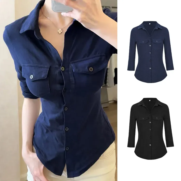 Moses Queen/魔西女王复古翻领长袖衬衫收腰显瘦微胖口袋纽扣上衣