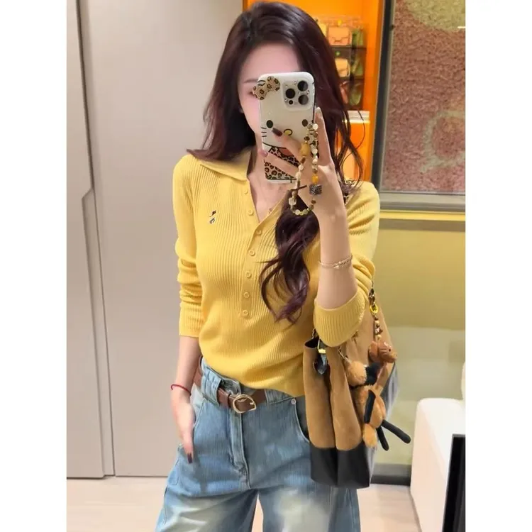 黄色刺绣polo领长袖针织衫女2025早秋高级感修身显瘦内搭打底上衣