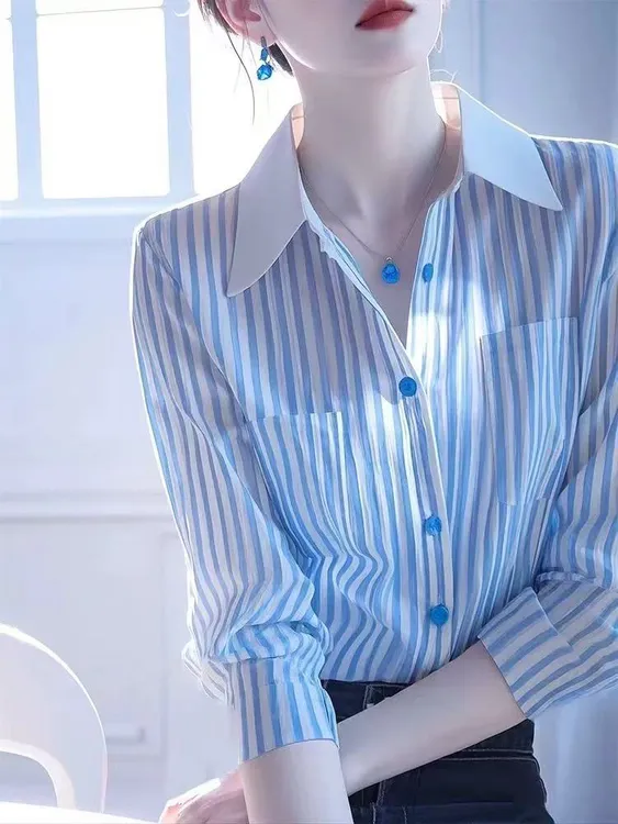 韩系超好看独特漂亮蓝白条纹Polo领衬衫女2025年新款女轻奢高级感