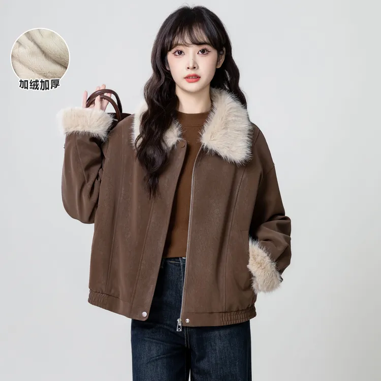 咖色毛领加绒外套女款秋冬2025冬季新款宽松加厚翻领夹克开衫上衣