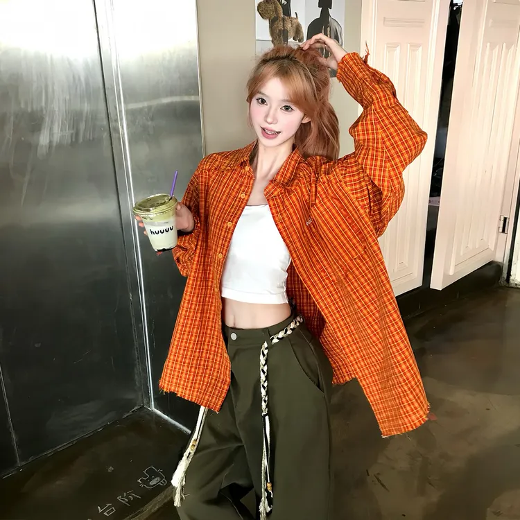 2025美式潮牌复古格子衬衫秋季宽松情侣衬衣毛边男女同款潮流外套