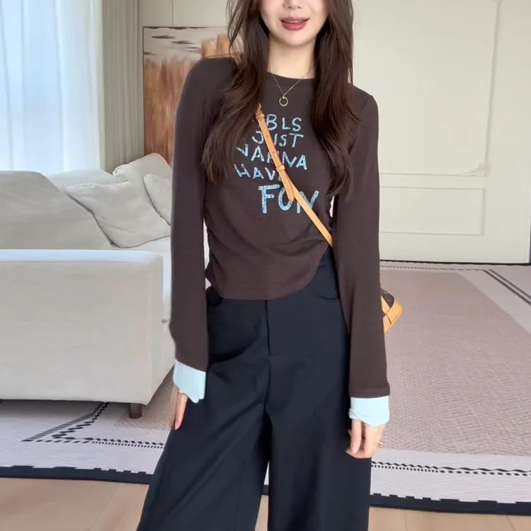 【现货】大码设计感字母长袖T恤女秋季2025新款胖MM显瘦上衣70500