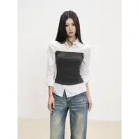 withmin凉皮 白色衬衫女秋季修身显瘦撞色套头百搭长袖上衣15771