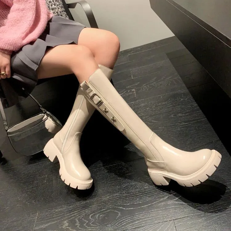 5cm/英伦风牛皮百搭长筒靴女粗跟新款秋冬骑士靴显瘦厚底时尚女靴