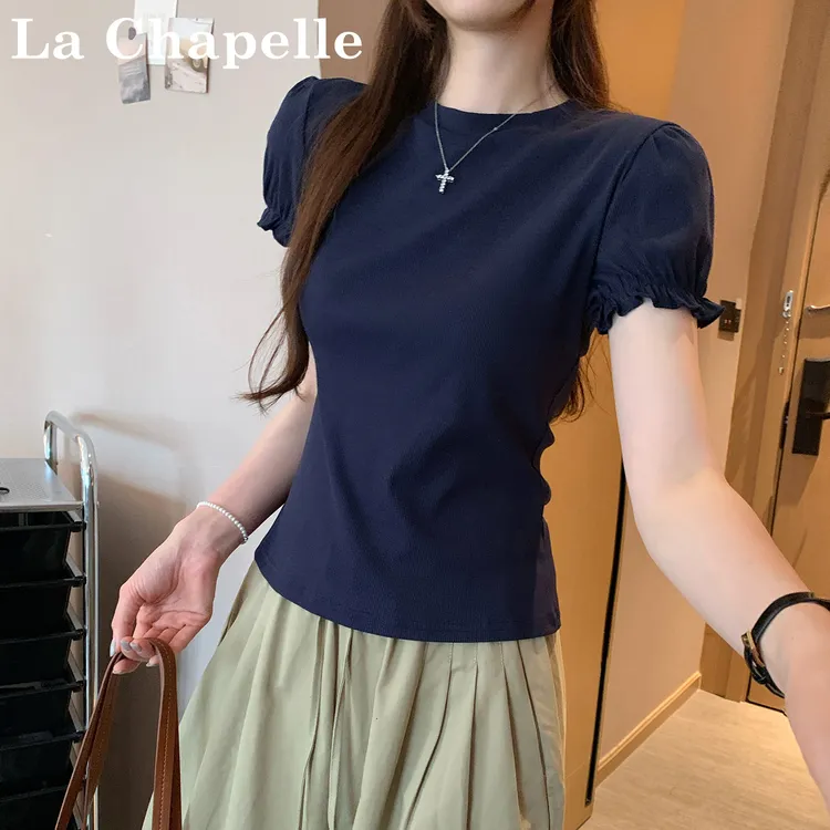 拉夏贝尔泡泡袖正肩短袖T恤女2025夏季新款独特别致设计感上衣ins