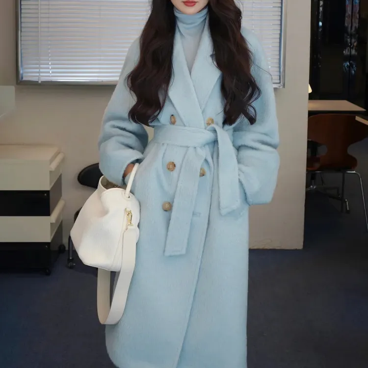 淡蓝色双面呢大衣女2025秋冬新款高级感双面绒双排扣高贵气质大衣