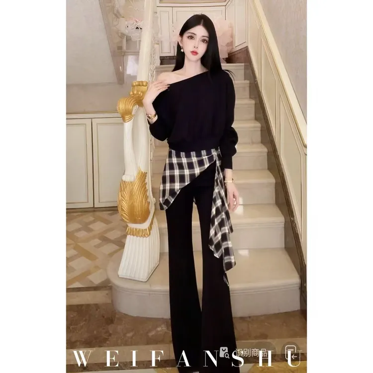 WEIFANSHU/魏凡舒【氛围街头】早秋新款设计感时尚斜肩卫衣休闲套装