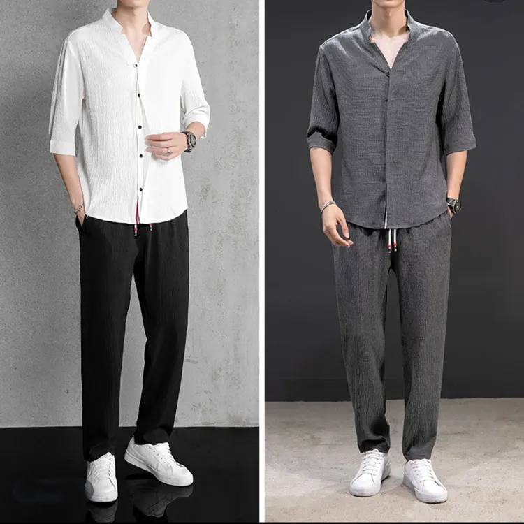 夏季V领休闲短袖t恤男高档运动套装男款潮牌冰丝痞帅男装套装帅气