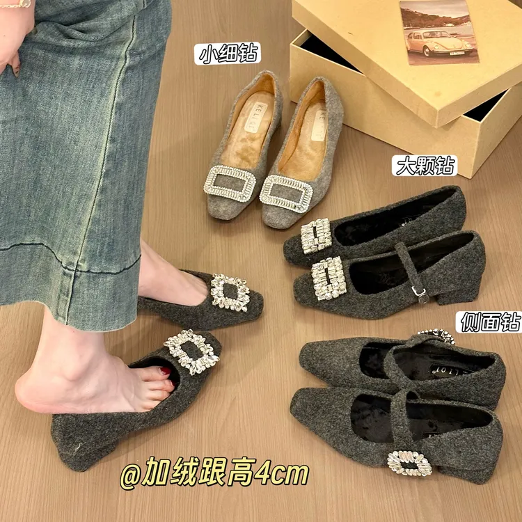 titing千金灰合集！复古呢子方头水钻玛丽珍鞋女秋加绒粗跟单鞋