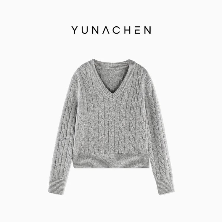 菠萝宝宝yuna【秋风微澜】100羊毛V领麻花编织复古保暖显瘦毛衣YJ9 