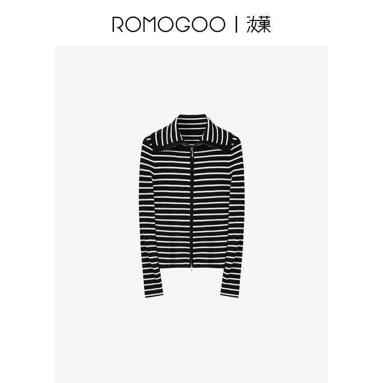 ROMOGOO汝菓【星线好物】山羊绒羊毛经典条纹拉链针织衫RG703292