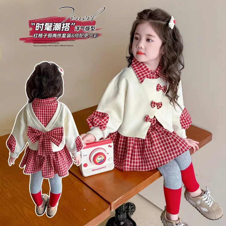 春秋女套装2025女童千金风秋装两件套红格子女童中小童秋季