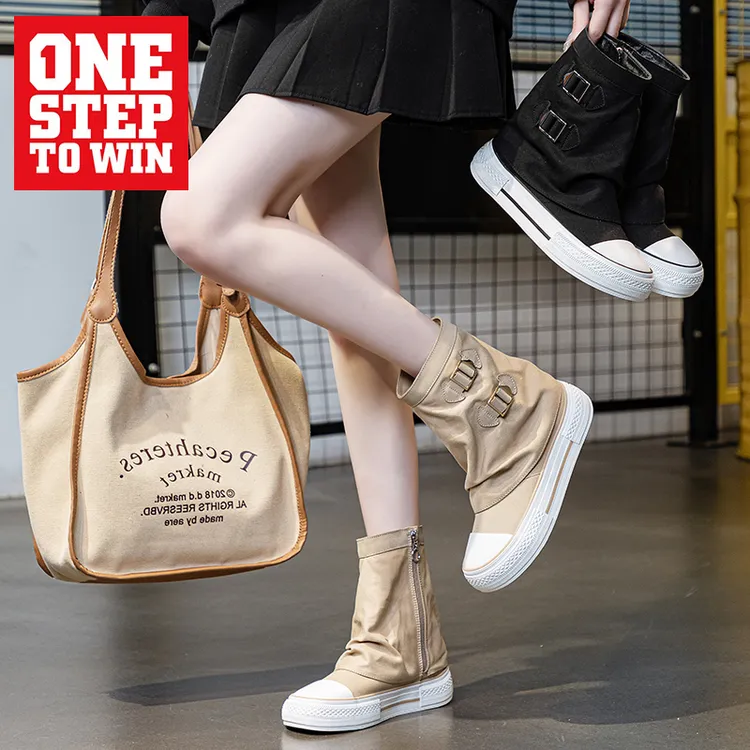 W25102春季高端侧拉链高帮帆布鞋休闲百搭帆布鞋经典平底舒适厚底