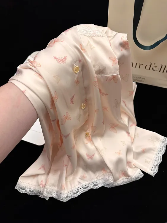 法式轻奢高级感蝴蝶结蕾丝花边睡衣女春秋冰丝开衫长裤家居服套装