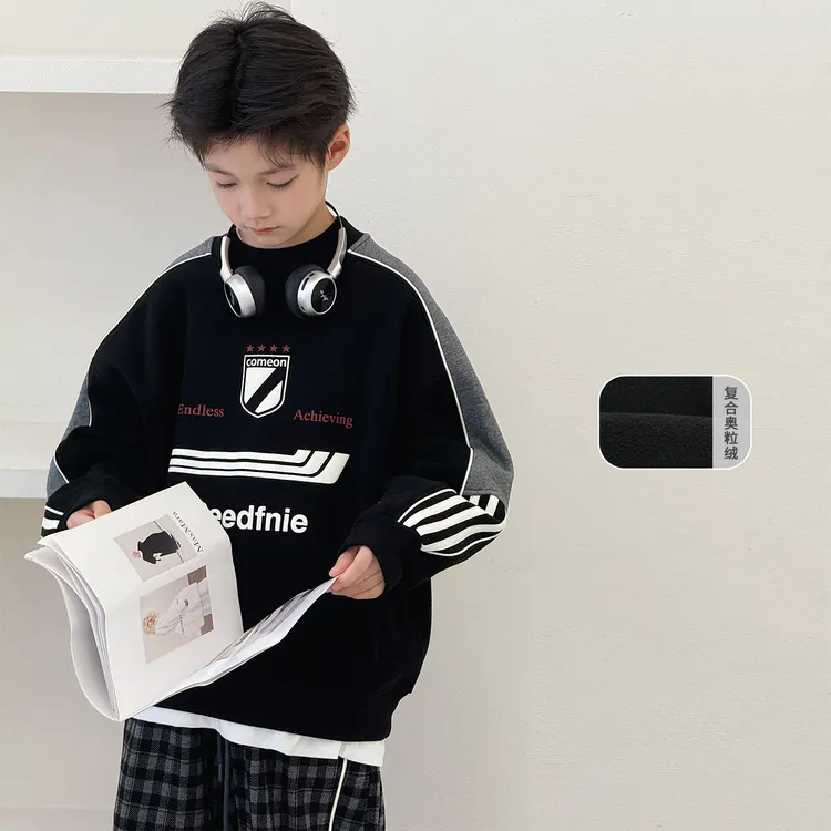 男童加绒卫衣冬装新款中大童帅气美式上衣儿童加厚套头外套AB1077