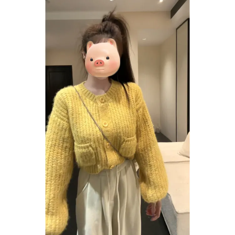 黄色圆领长袖针织开衫女秋冬外搭慵懒风毛衣外套独特漂亮早秋上衣