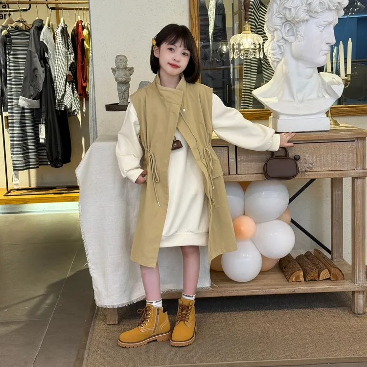 女童春秋收腰马甲风衣外套2025新款中大儿童长款卫衣休闲马甲两件