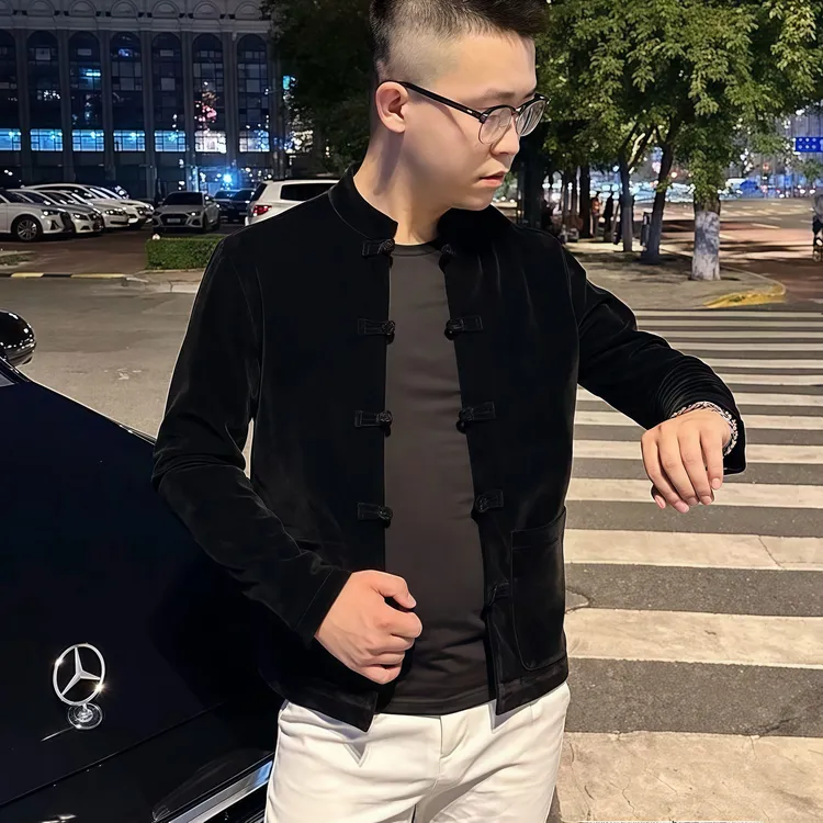 秋冬新款金丝绒唐装外套修身男士立领黑色百搭中国风盘扣夹克男潮