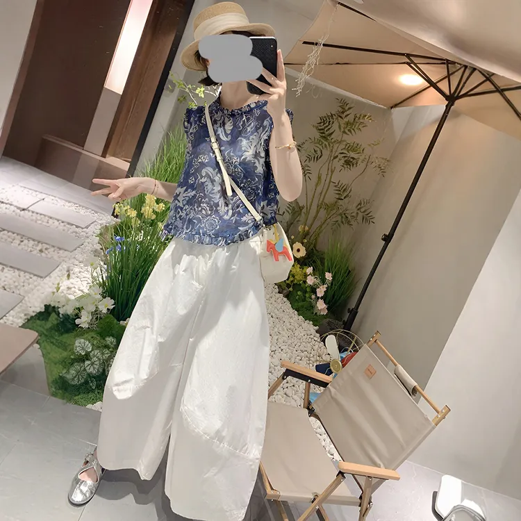 圆领木耳边拼接坎肩无袖花色衬衫上衣2025夏季新款显瘦阔腿裤套装