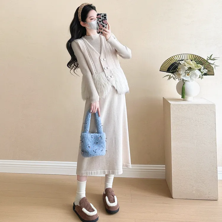 1687两件套马甲连衣裙显瘦气质长毛马甲+内搭连衣裙时尚