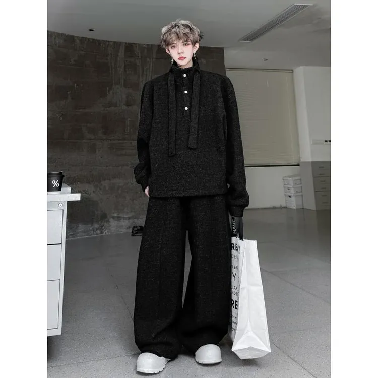 秋季新品小众设计感慵懒风针织卫衣套装男宽松简约百搭休闲长裤