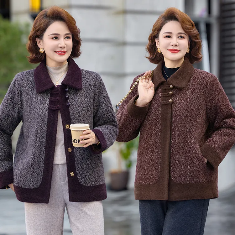 中年妈妈秋冬装加厚仿水貂绒外套中老年女士气质休闲加绒毛呢上衣