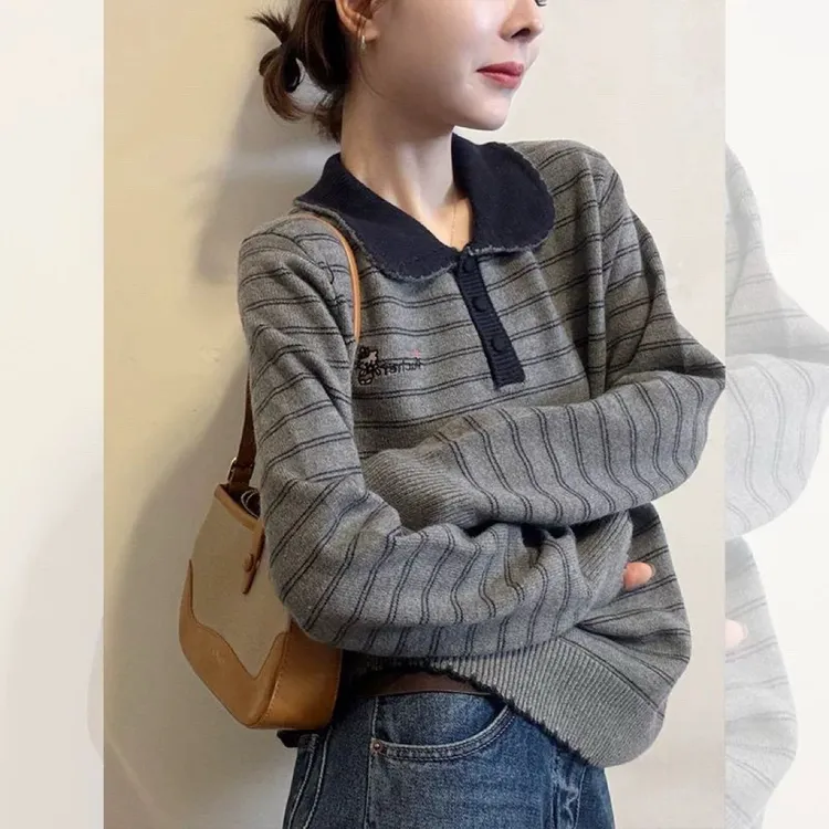 【80-180斤】娃娃领条纹卡通刺绣针织衫毛衣女秋冬洋气减龄宽松上衣