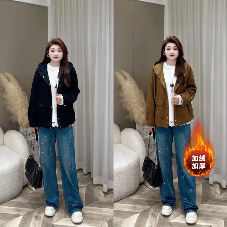 【上新外套】PMM82182早秋新款英伦百搭风连帽开衫大码女装短外套