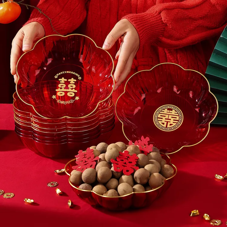 结婚果盘红色透明喜糖盘装饰订婚礼客厅摆件干果水果茶几喜盘布置
