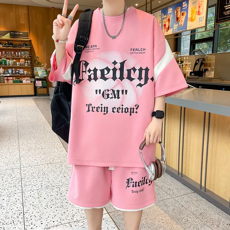 2025夏季男士短袖T恤套装青少年港风时尚潮流学生休闲帅气两件套