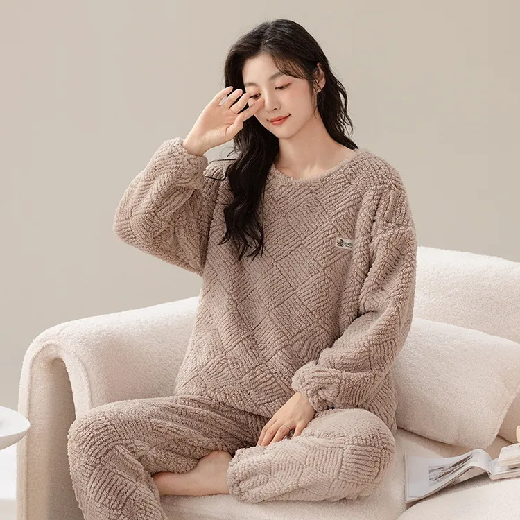 加厚珊瑚绒加绒可外穿家居服冬秋冬天女两件套装新款睡衣保暖冬季