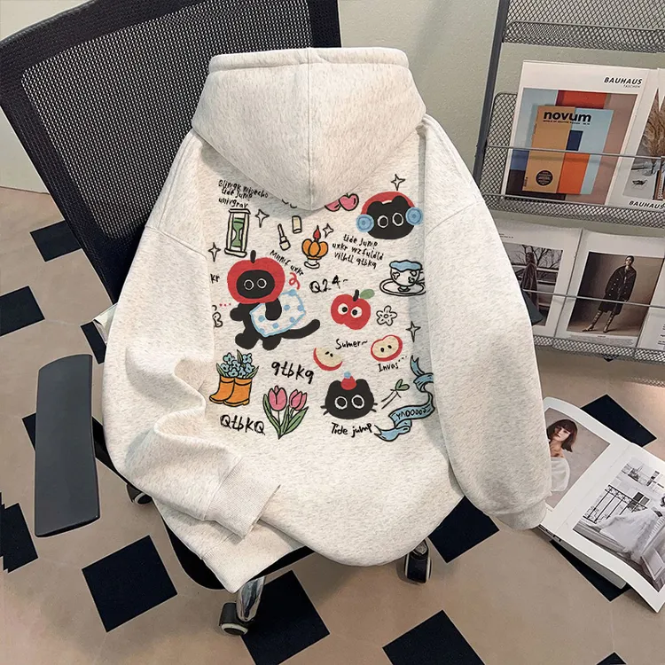 学院风可爱小猫印花女童连帽卫衣秋冬新款宽松休闲风中大童上衣服