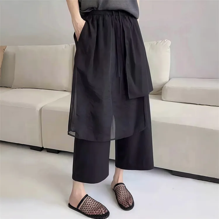 欧货高腰显瘦休闲裤女2025夏季新款不规则拼接屁帘宽松阔腿九分裤