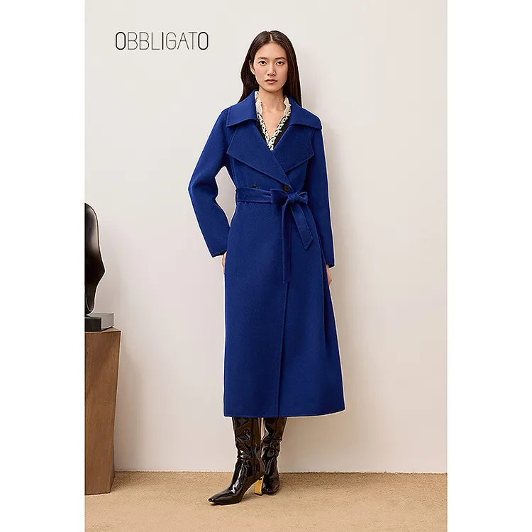 OBBLIGATO奥丽嘉朵宝蓝翻领绑带摩登绵羊毛羊绒大衣1C65580150