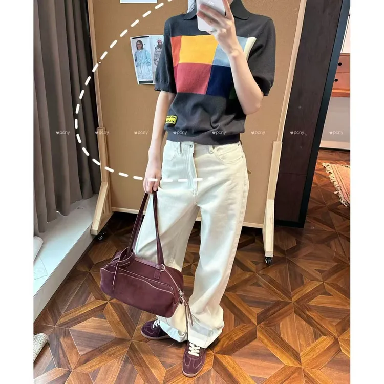 PCNY「彩块逸趣」不理理冬季新款小众女装彩格拼色POLO领短袖女t恤