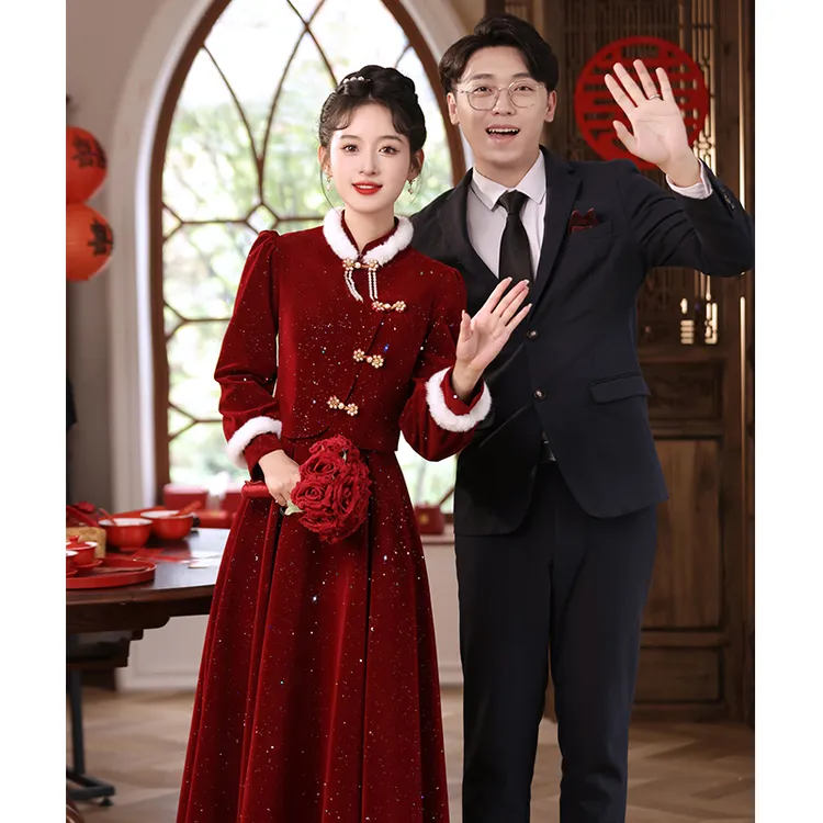 新中式敬酒服2025新款新娘秋冬结婚红色订婚礼服女长袖旗袍小个子