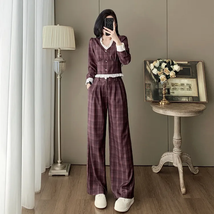 小香风休闲时尚套装女春秋显瘦职业气质减龄v领高腰阔腿裤两件套