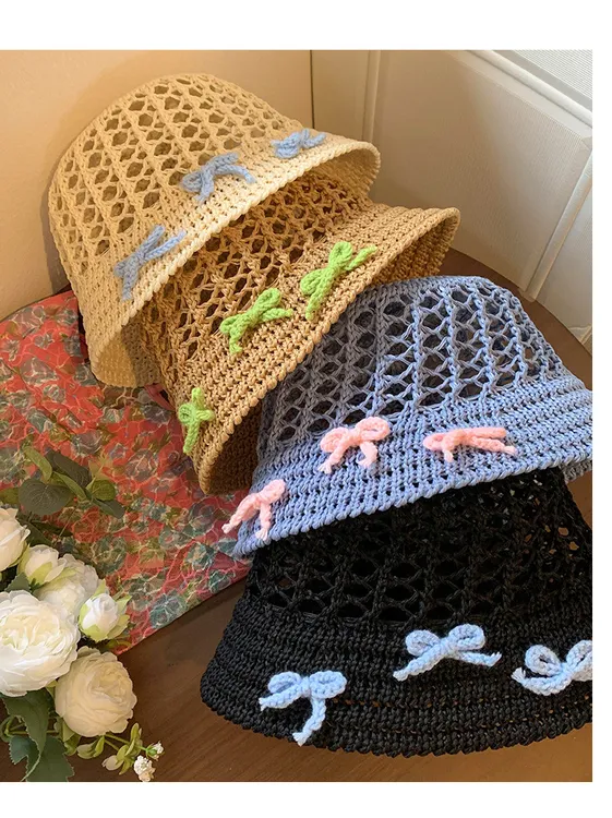 春日甜系太阳帽镂空蝴蝶结草帽女夏季新款海边拍照帽子沙滩遮阳帽