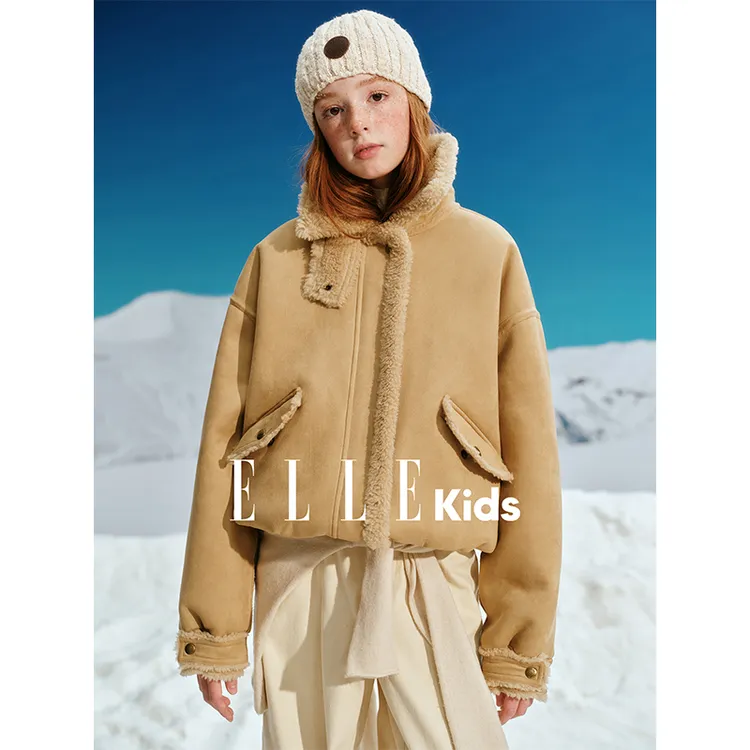 ELLE KIDS 摇粒绒翻毛夹克女童冬季新款复古学院风仿麂皮外套D3