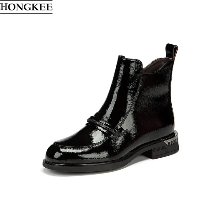 HONGKEE/红科2025新款女靴英伦风低跟牛漆皮时装短靴H795D400