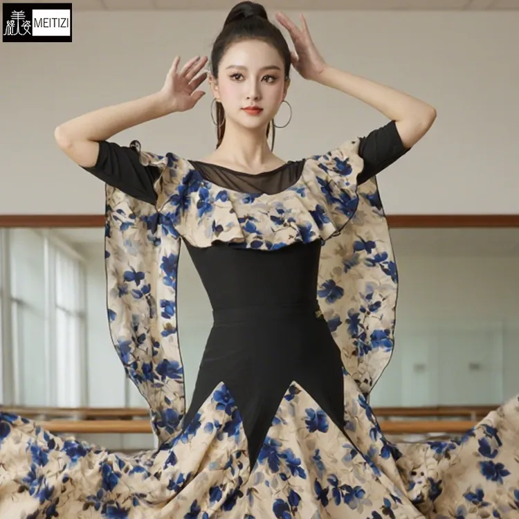 新款摩登舞服女上衣圆领网纱黄色印花中袖拉丁舞广场舞交谊舞蹈服