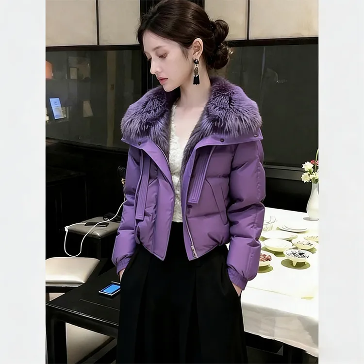 【现货】高级感超好看紫色大毛领棉服女2025年新款冬季爆款加厚外套