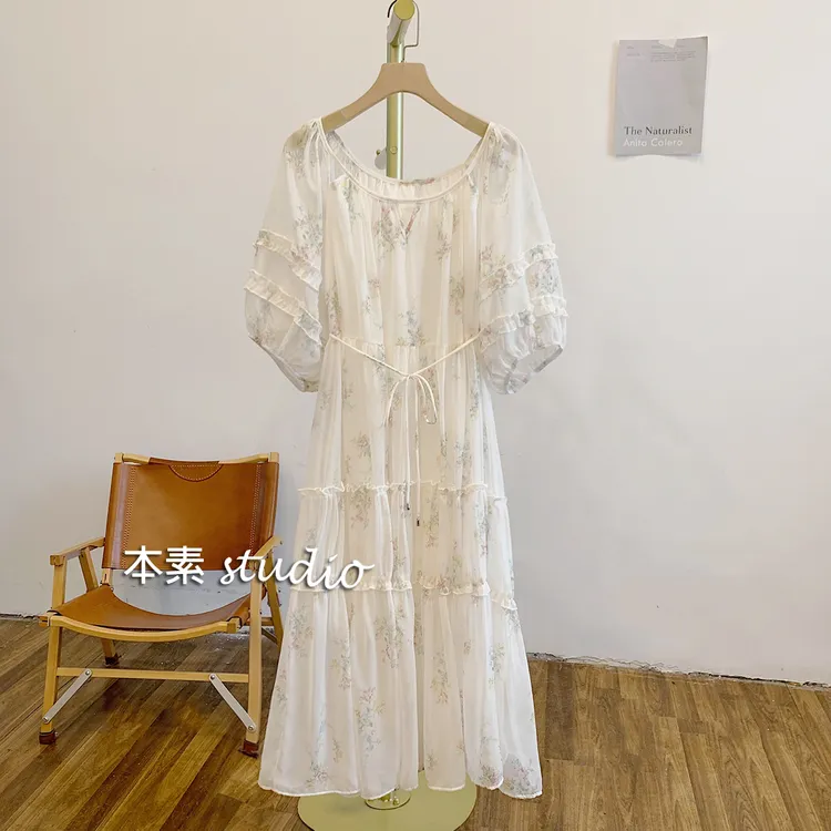 C3935印花木耳边镂空圆领短袖连衣裙公主夏季甜美