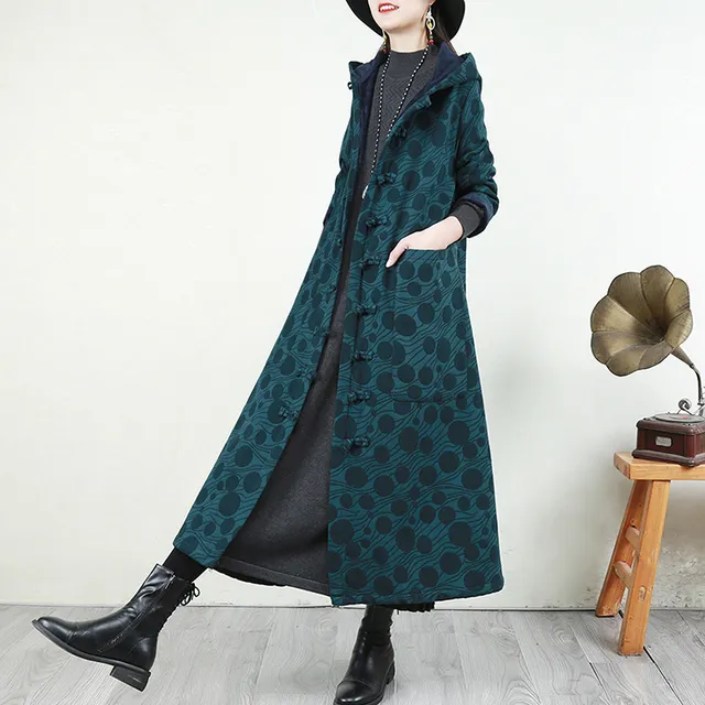 覆古民族风加绒棉衣外套女冬季加厚长版棉服提花刺绣连帽宽松风衣