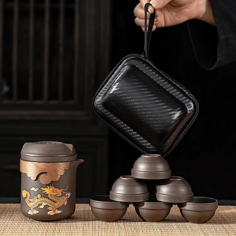 龙凤呈祥变色紫砂壶原矿朱泥带茶滤茶杯大容量泡茶壶便携旅行茶具商品图
