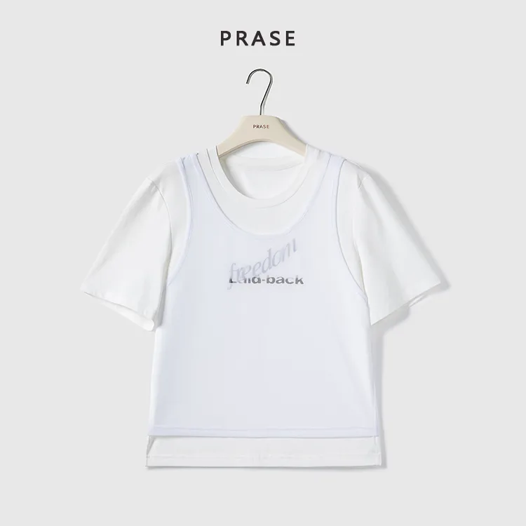 PRASE·噜【自由惬意】微胖轻奢设计款夏女棉假俩件印花T恤PR505S49