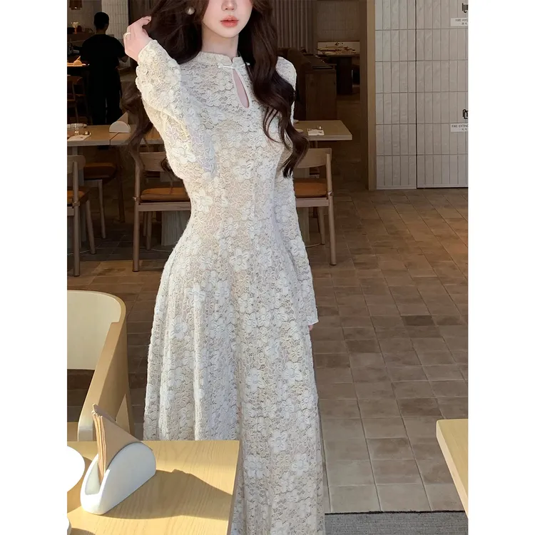【缕香国韵】新中式立领盘扣蕾丝连衣裙收腰大摆内衬加绒裙子
