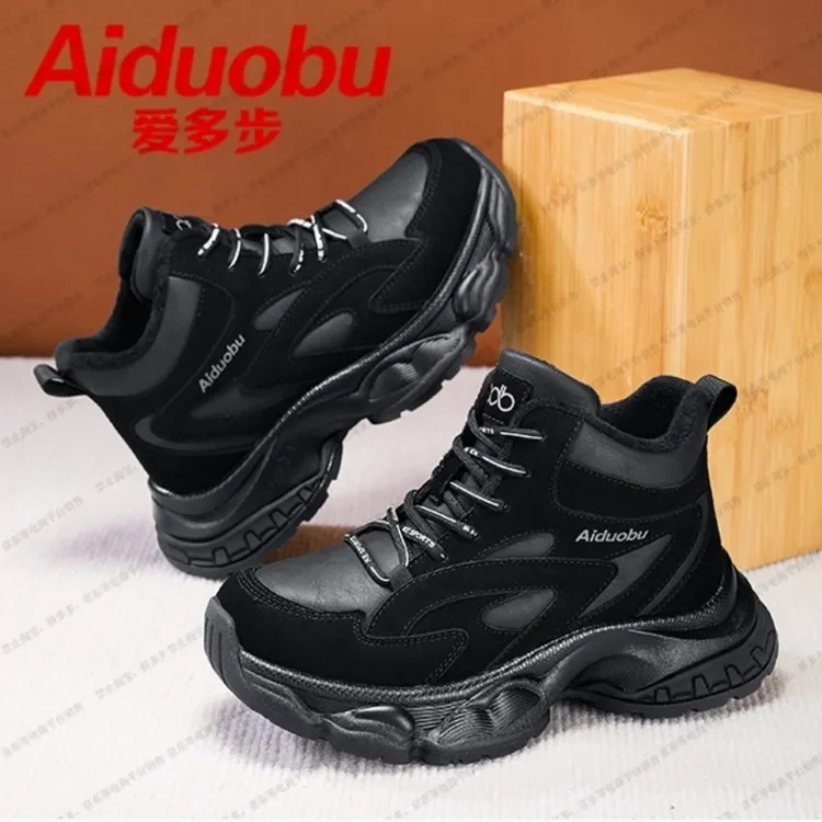 爱多步智能按摩保暖冬季厚款胶粘中跟系带高帮鞋休闲厚底加绒鞋子